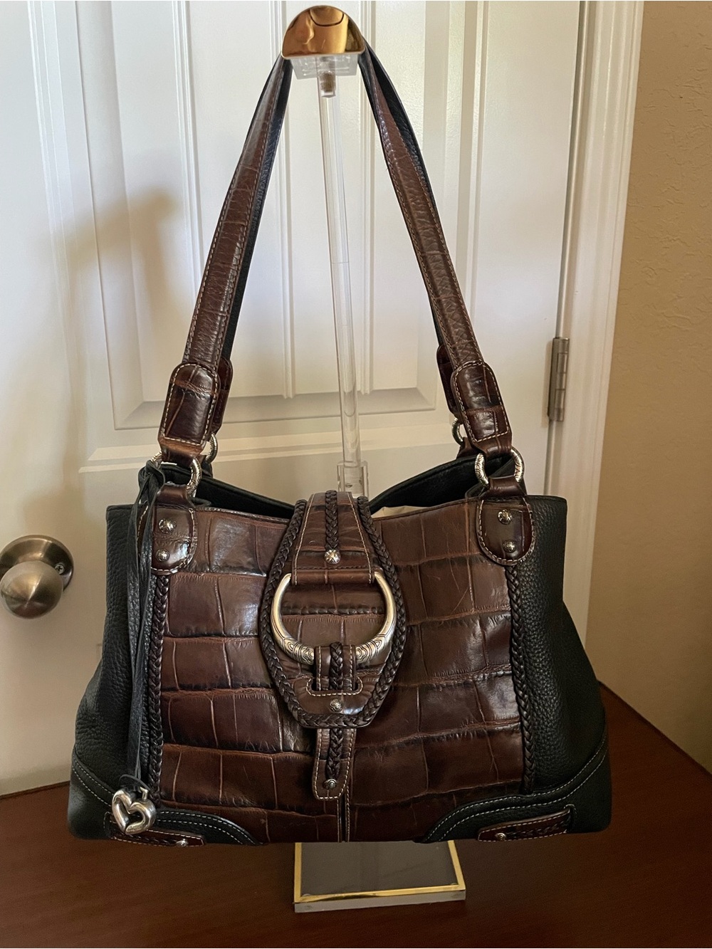 Brighton black grained leather and brown embossed croc satchel
